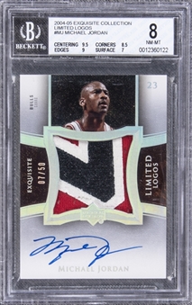 2004-05 UD "Exquisite Collection" Limited Logos #MJ Michael Jordan Signed Game Used Patch Card (#07/50) - BGS NM-MT 8/BGS 10